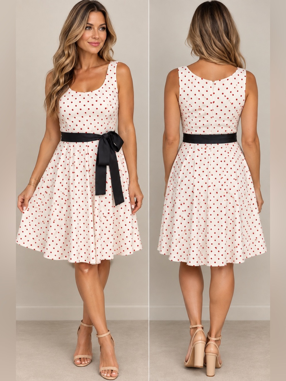 ELLE Size 8 Red Polka Dot Fit & Flare Dress Black Bow Belt Retro Style #1139